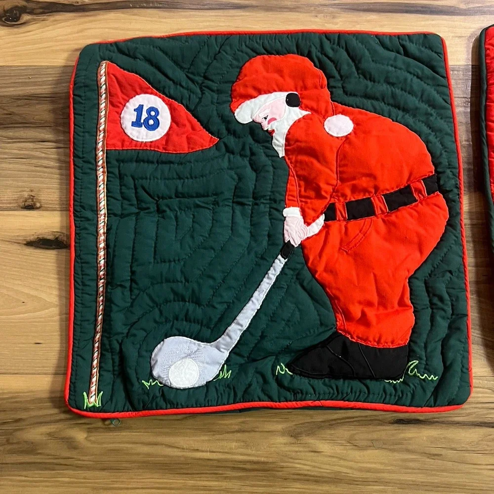 Quilted Christmas 2 Pillow‎ Cases Santa Snowman Golf Theme Red Green Zip whimsy